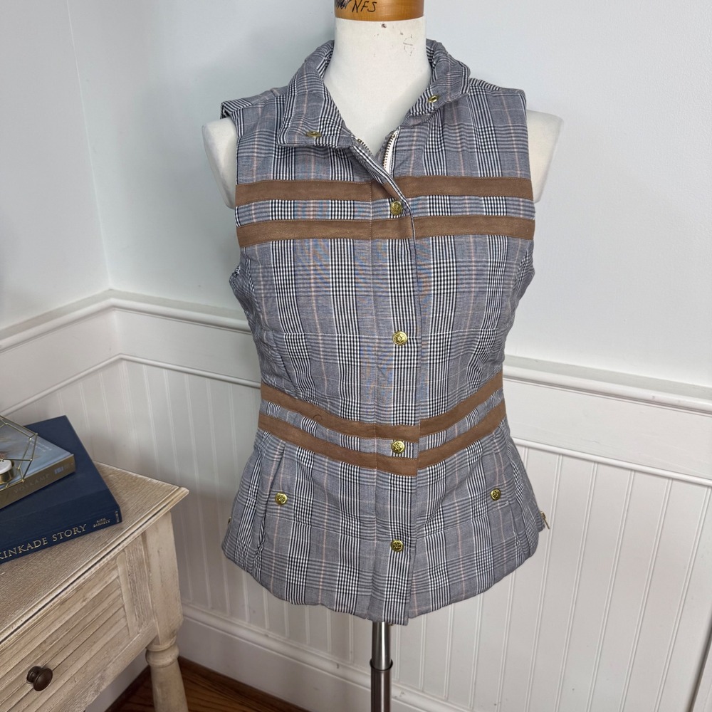 Dizzy Lizzie Glen Plaid Quilted Vest Small Leopard Lining Faux Suede Trim Grey